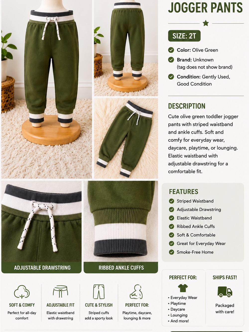 Olive Green Kids Jogger Pants with Striped Waistband - Unknown Brand